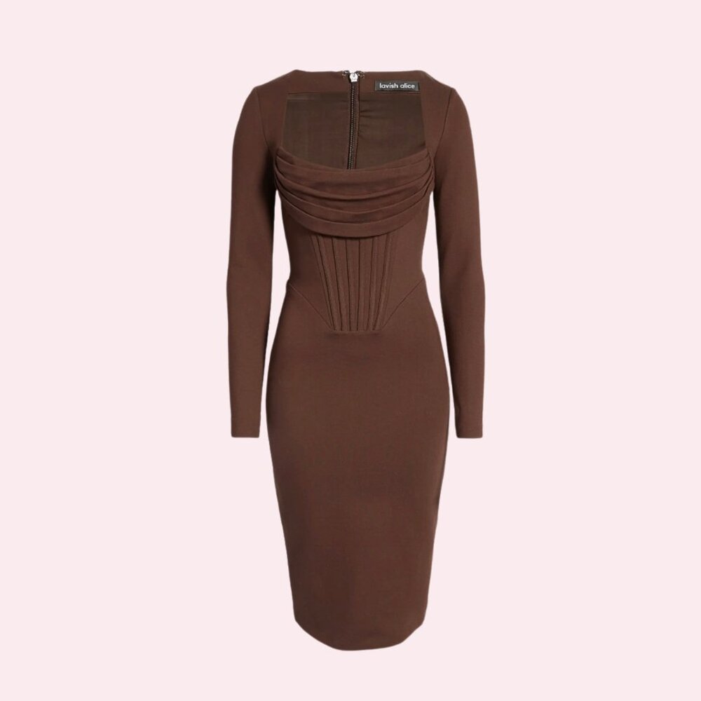 NWOT Lavish Alice Cowl Neck Corset Long Sleeve Ponte Midi Dress